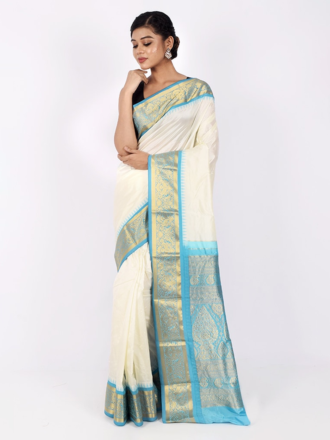 

AllSilks White & Blue Zari Pure Silk Kanjeevaram Saree