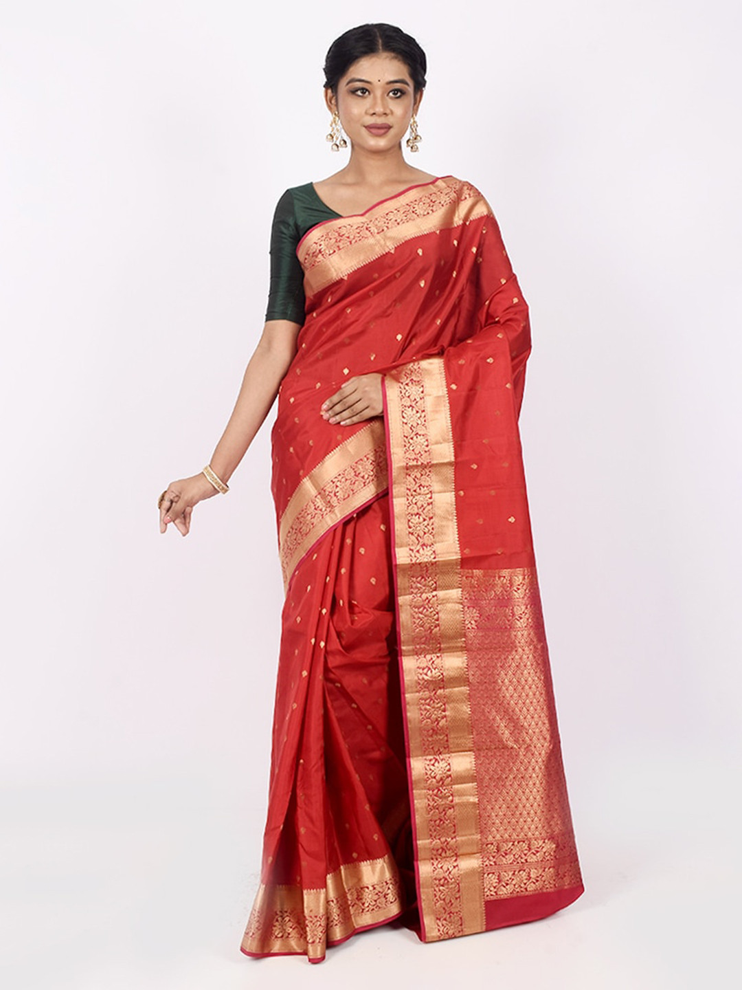 

AllSilks Red & Gold-Toned Ethnic Motifs Zari Pure Silk Kanjeevaram Saree