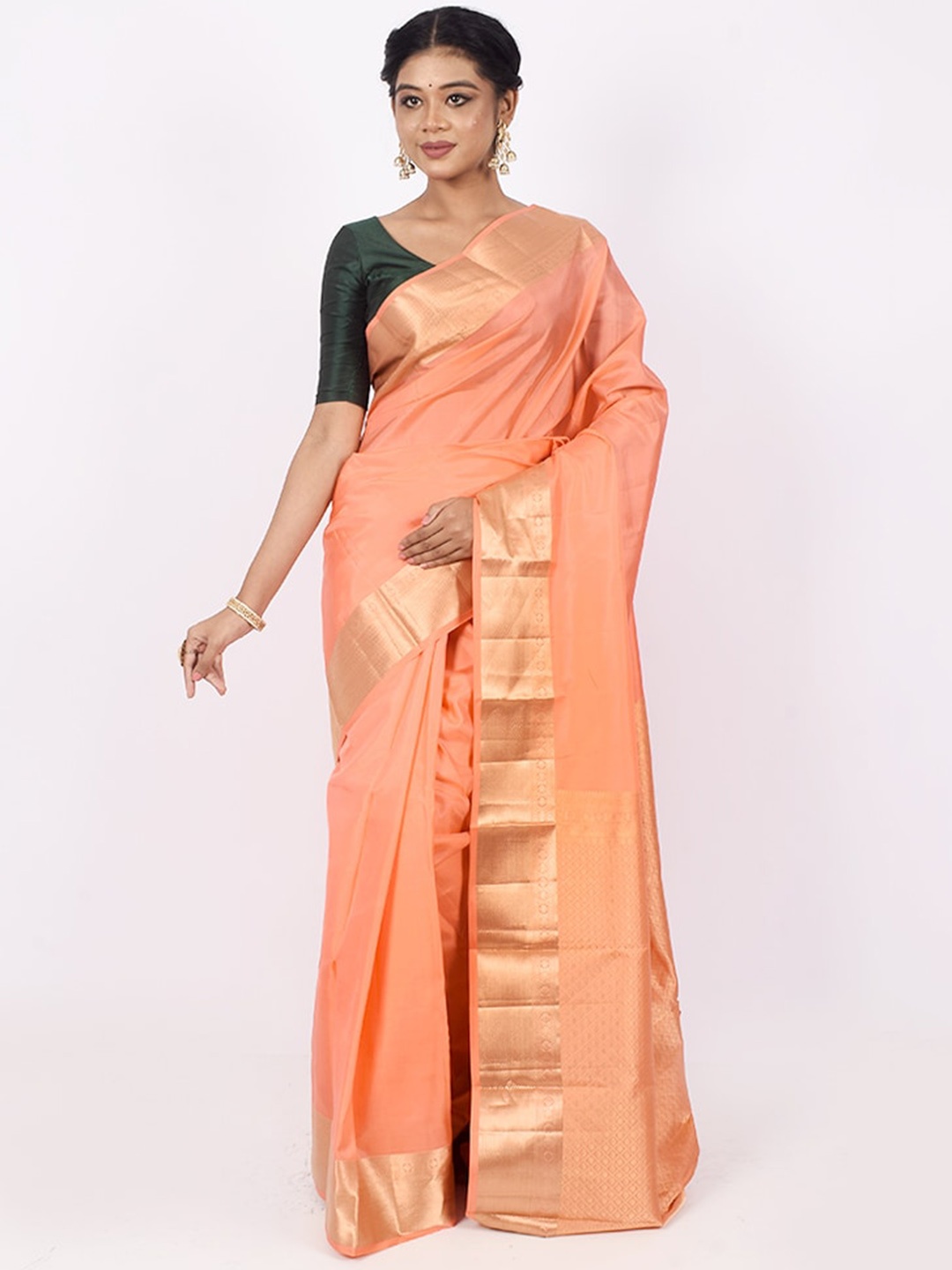 

AllSilks Peach-Coloured Ethnic Motifs Zari Pure Silk Kanjeevaram Saree