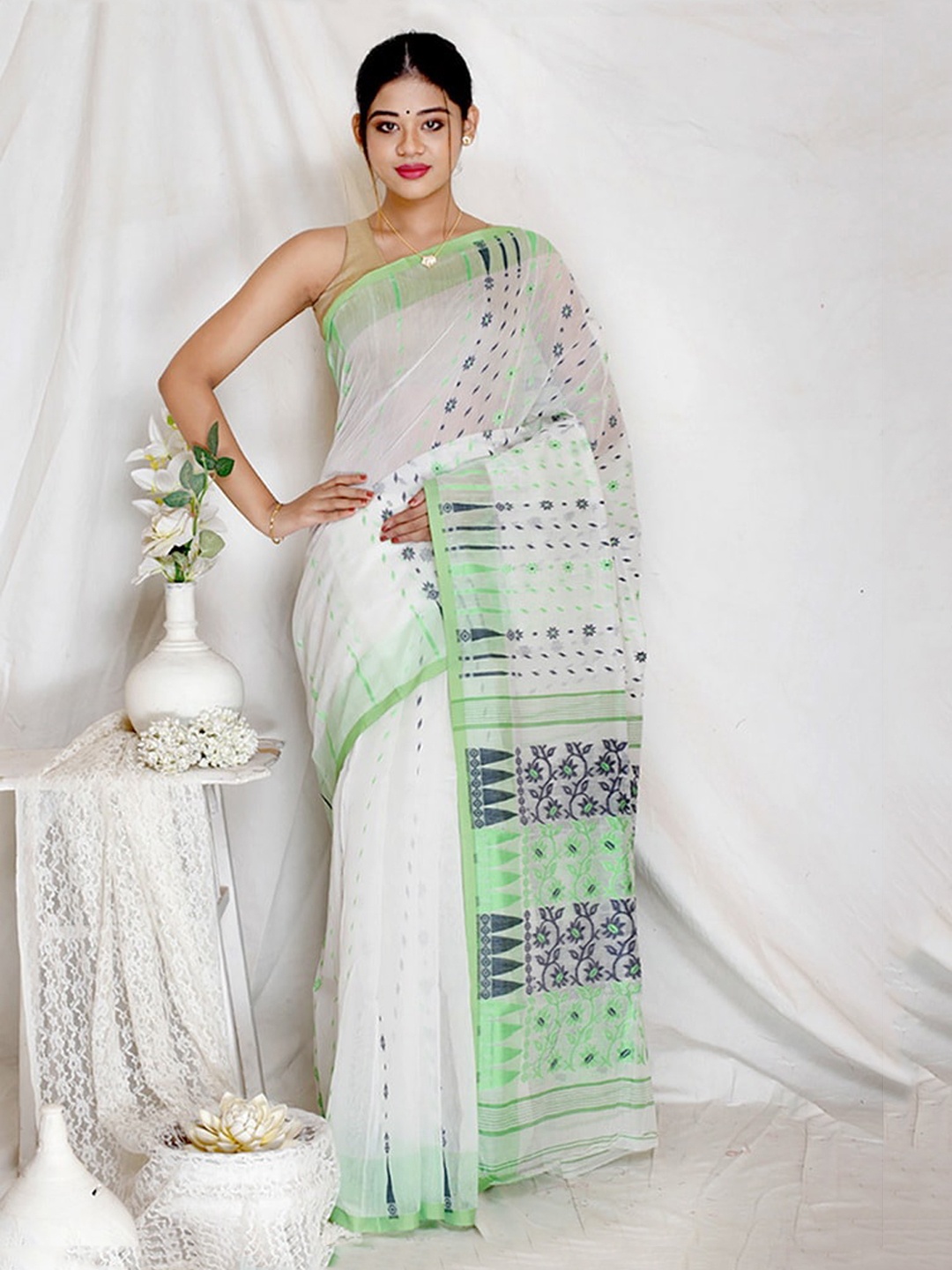 

AllSilks White Floral Pure Cotton Taant Saree