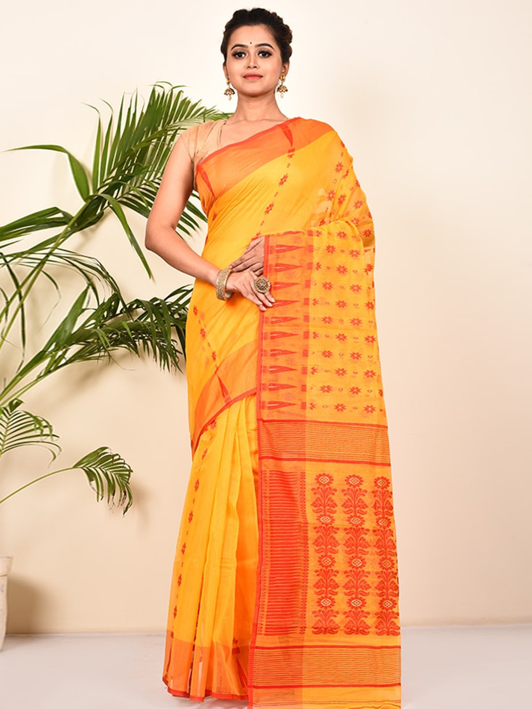 

AllSilks Yellow Floral Pure Cotton Taant Saree