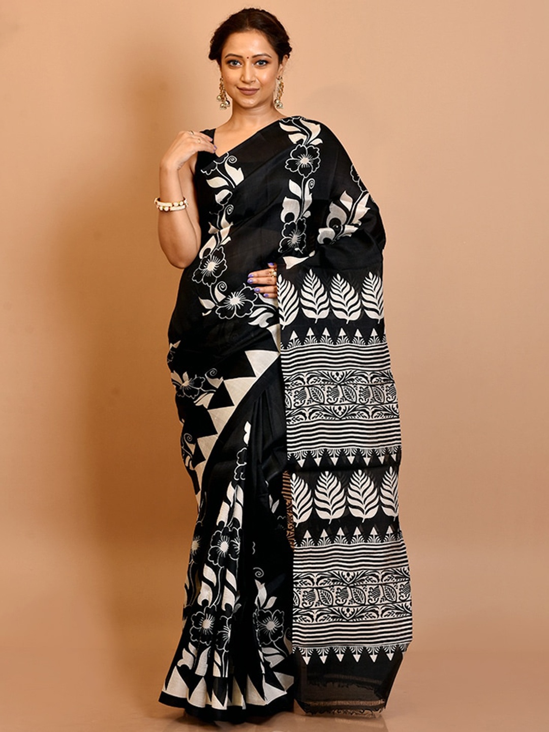 

AllSilks Black & White Floral Pure Silk Saree