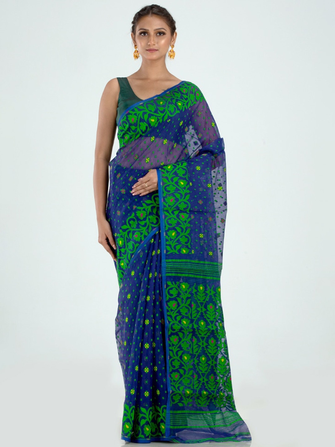 

AllSilks Blue Floral Pure Cotton Taant Saree