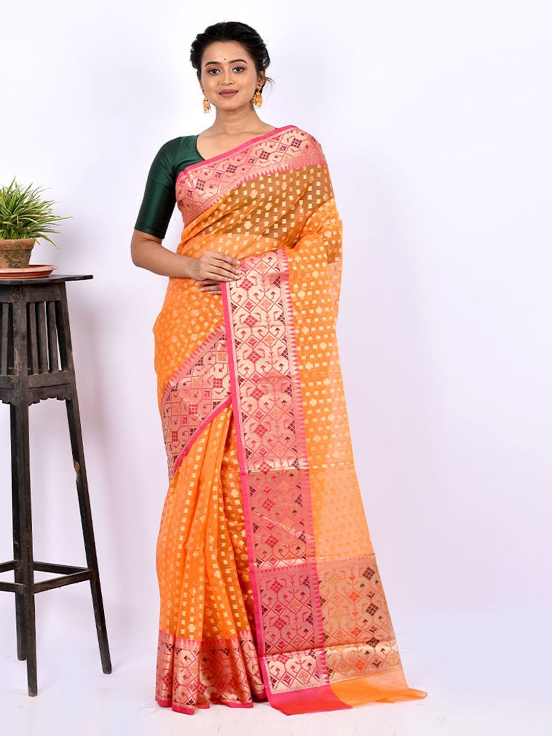 

AllSilks Rust & Gold-Toned Zari Silk Blend Saree