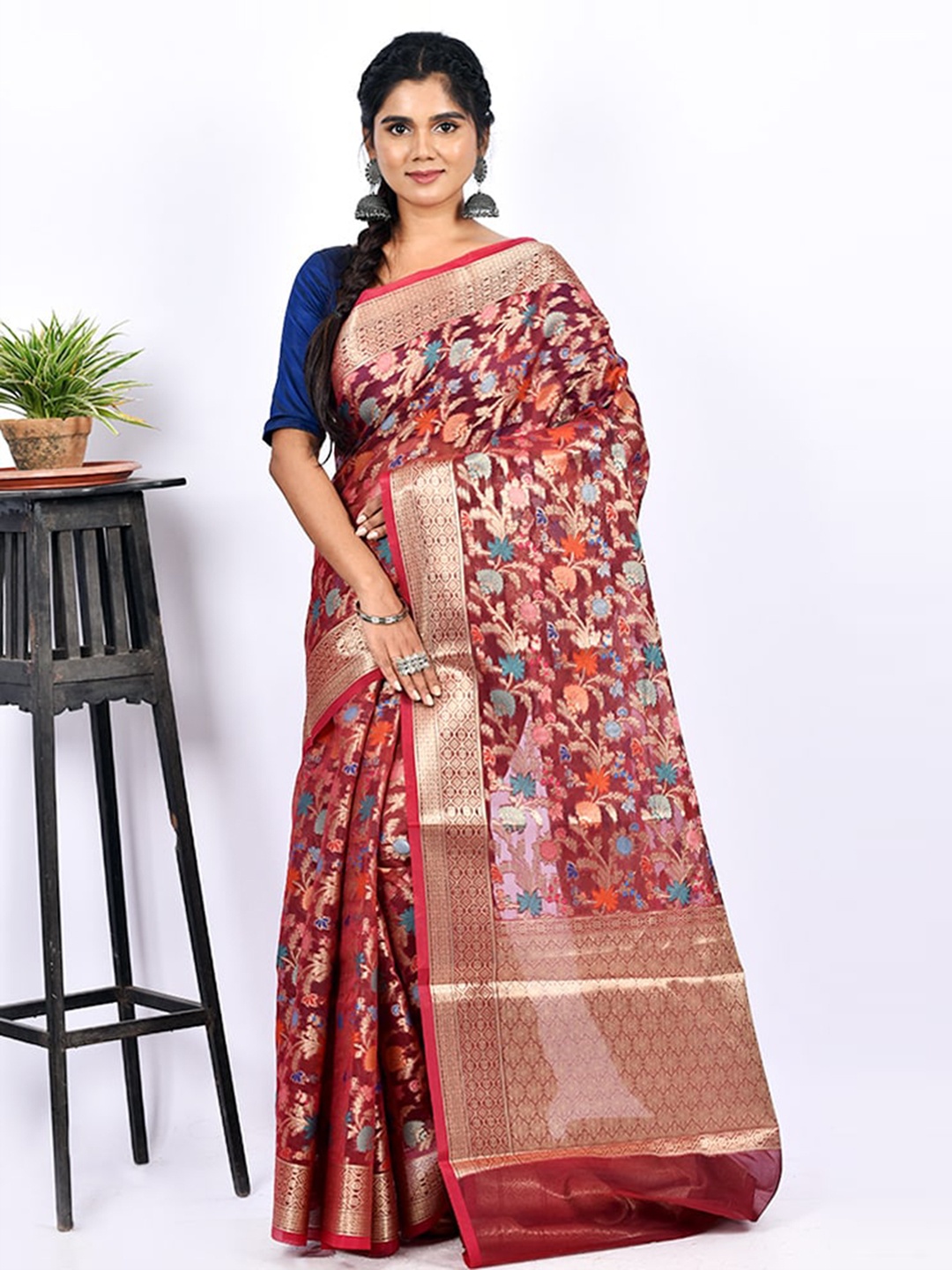 

AllSilks Maroon Floral Zari Saree