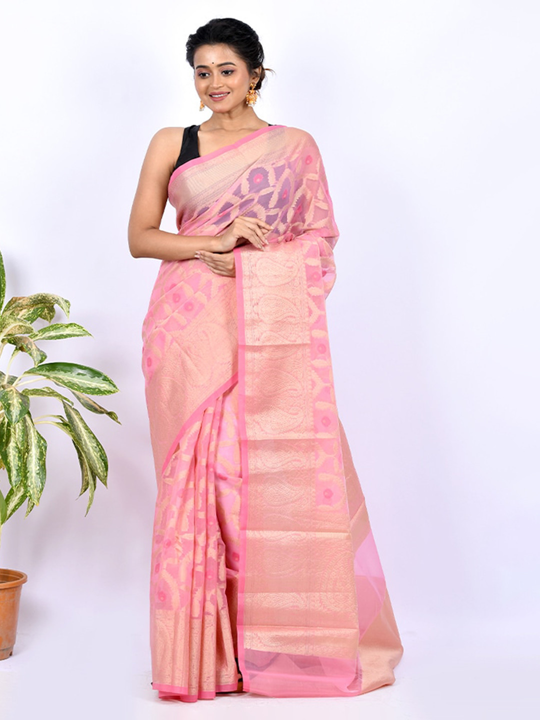 

AllSilks Pink Ethnic Motifs Zari Saree