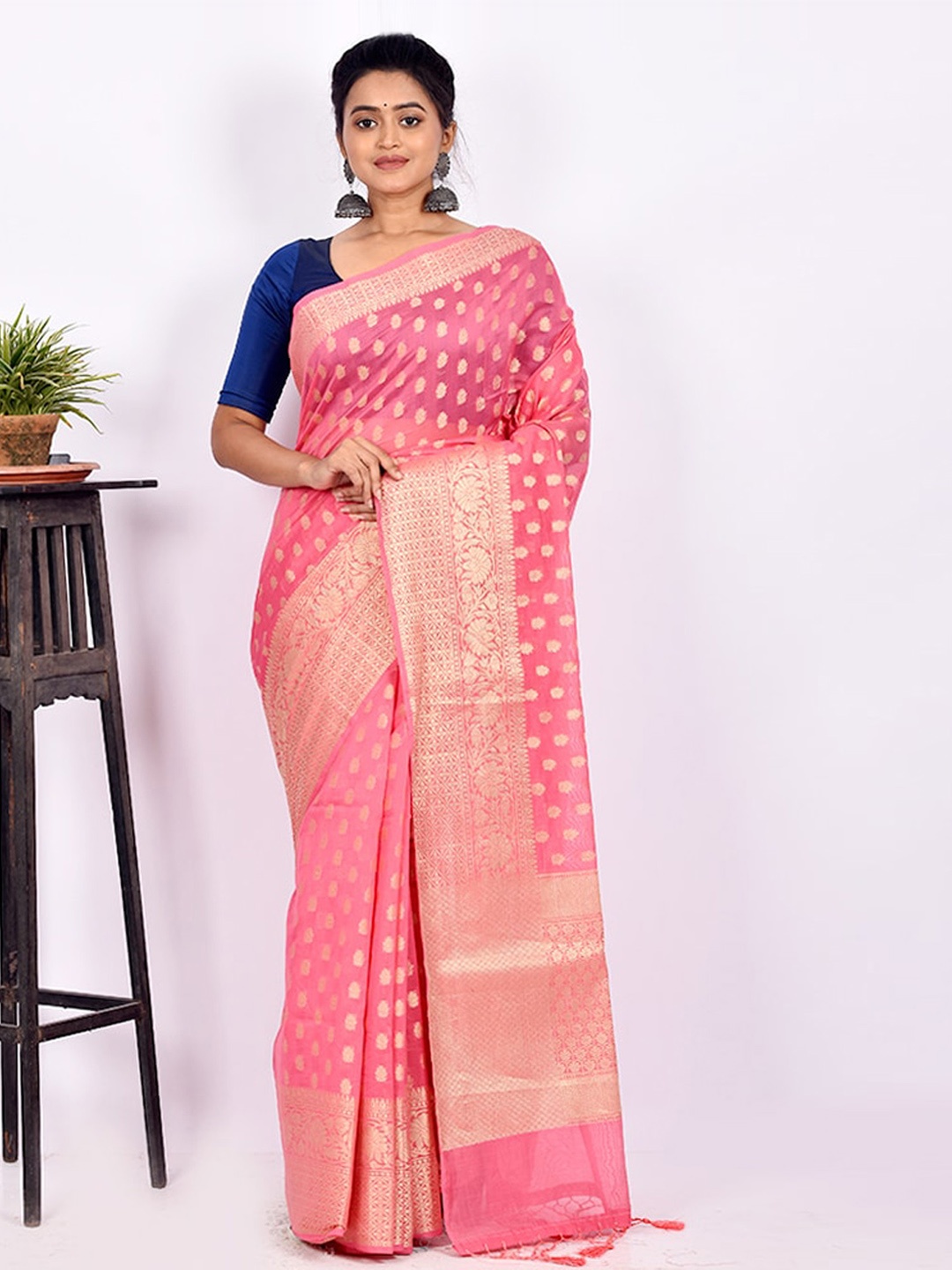 

AllSilks Pink Floral Zari Silk Blend Saree