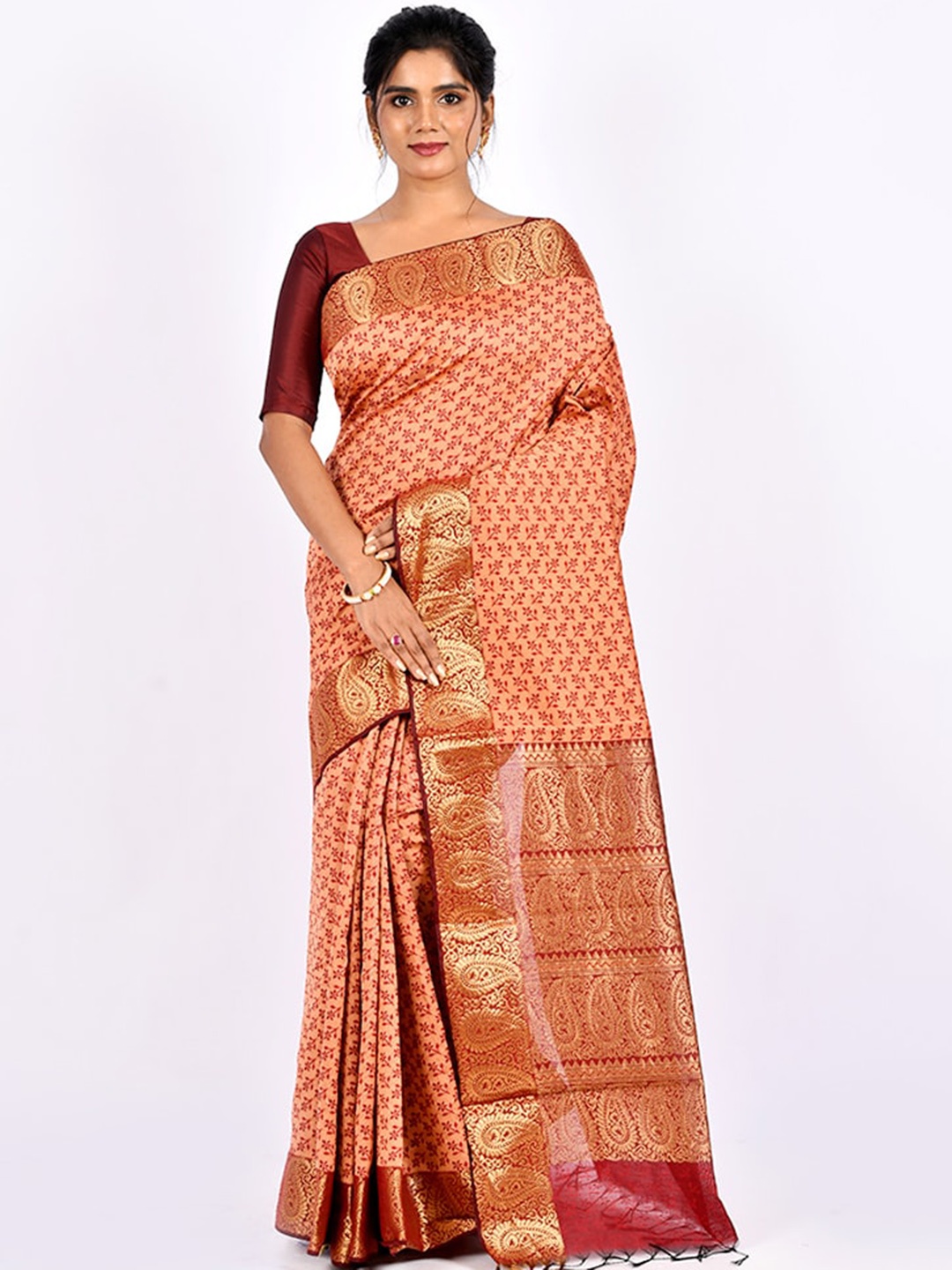 

AllSilks Rust Ethnic Motifs Zari Saree