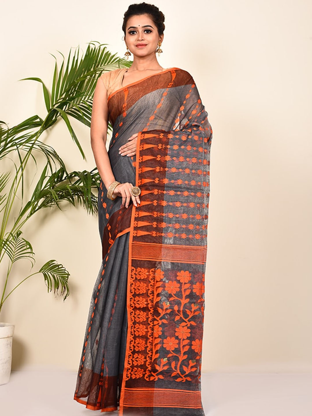 

AllSilks Grey & Orange Cotton Floral Saree