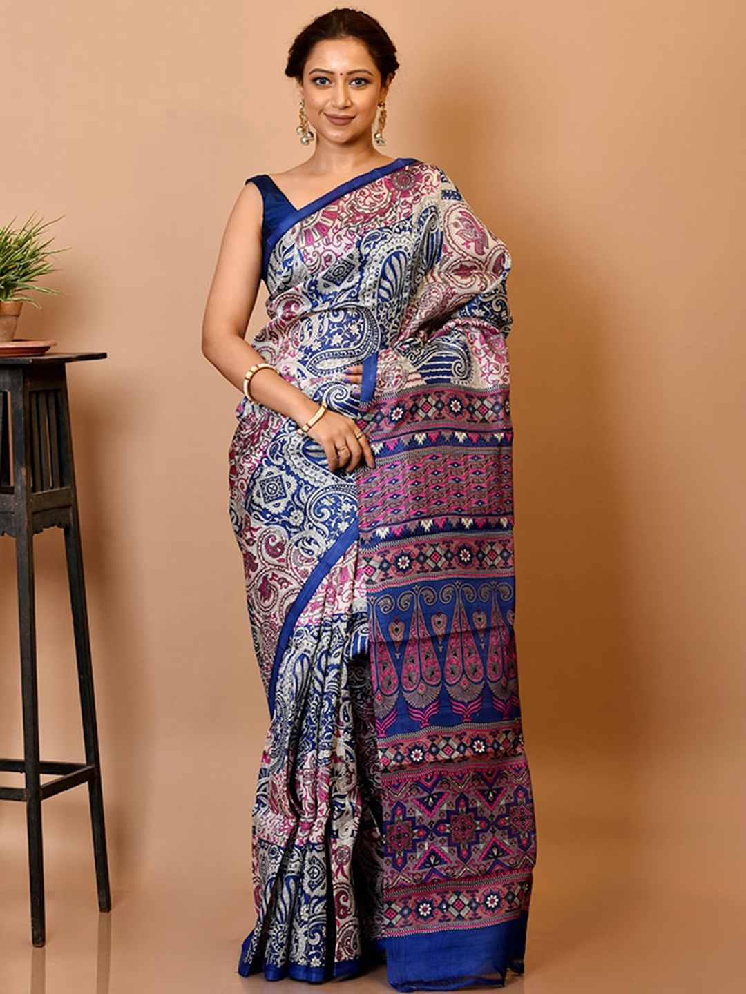 

AllSilks Navy Blue & Pink Ethnic Motifs Pure Silk Saree