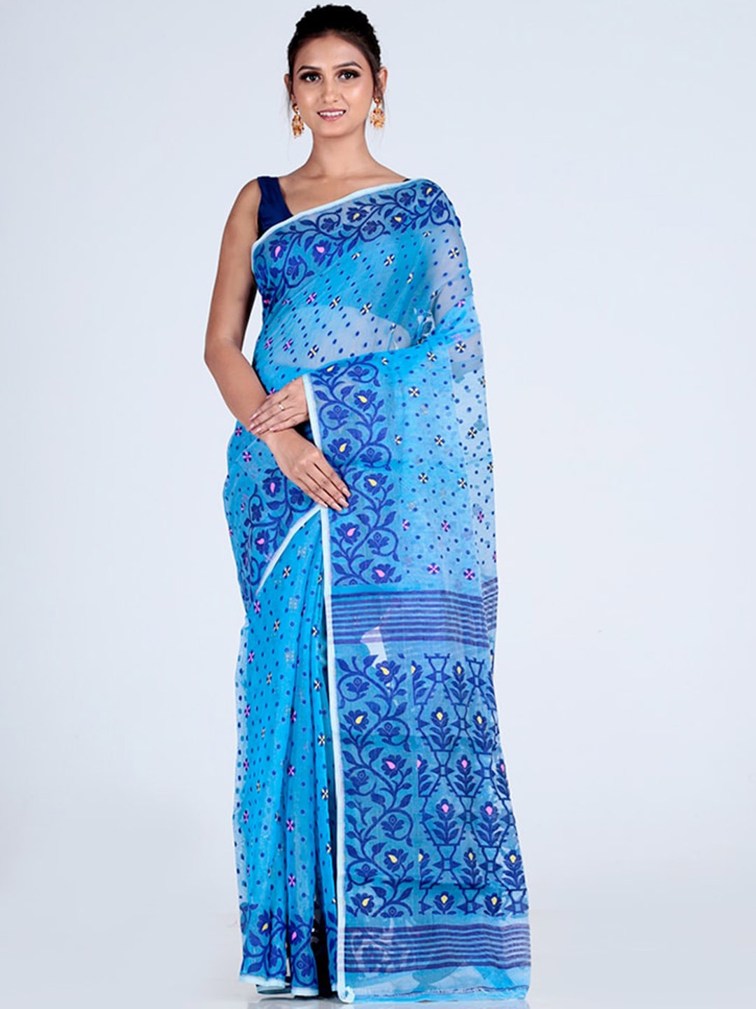 

AllSilks Blue Floral Jamdani Saree
