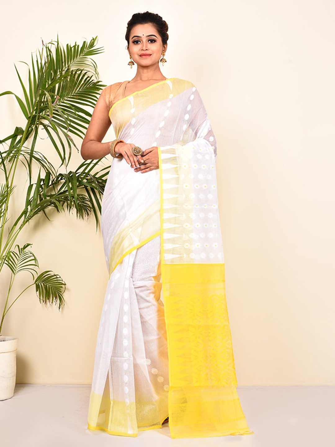 

AllSilks White & Yellow Floral Cotton Saree