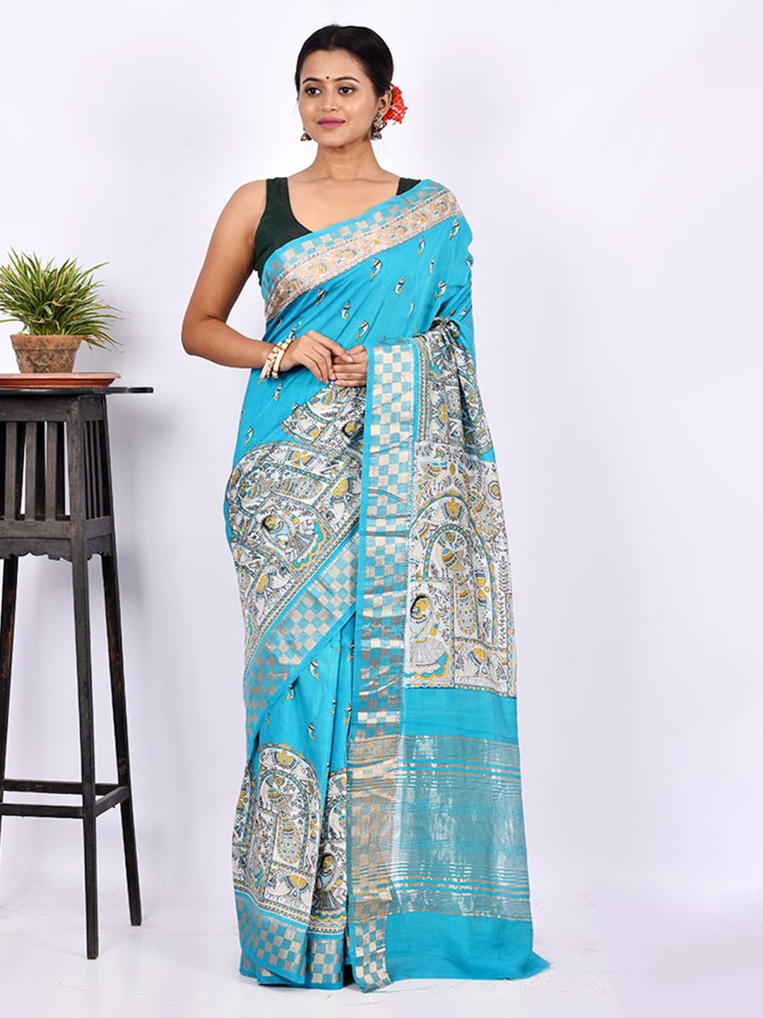 

AllSilks Blue & White Ethnic Motifs Zari Silk Blend Chanderi Saree