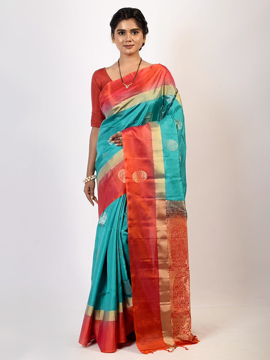 

AllSilks Turquoise Blue & Red Ethnic Motifs Zari Silk Blend Kanjeevaram Saree
