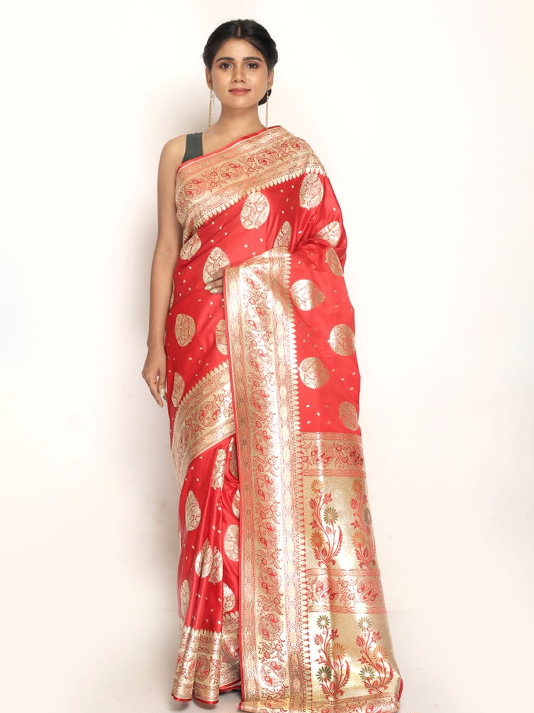 

AllSilks Red & Gold-Toned Ethnic Motifs Zari Silk Blend Banarasi Saree