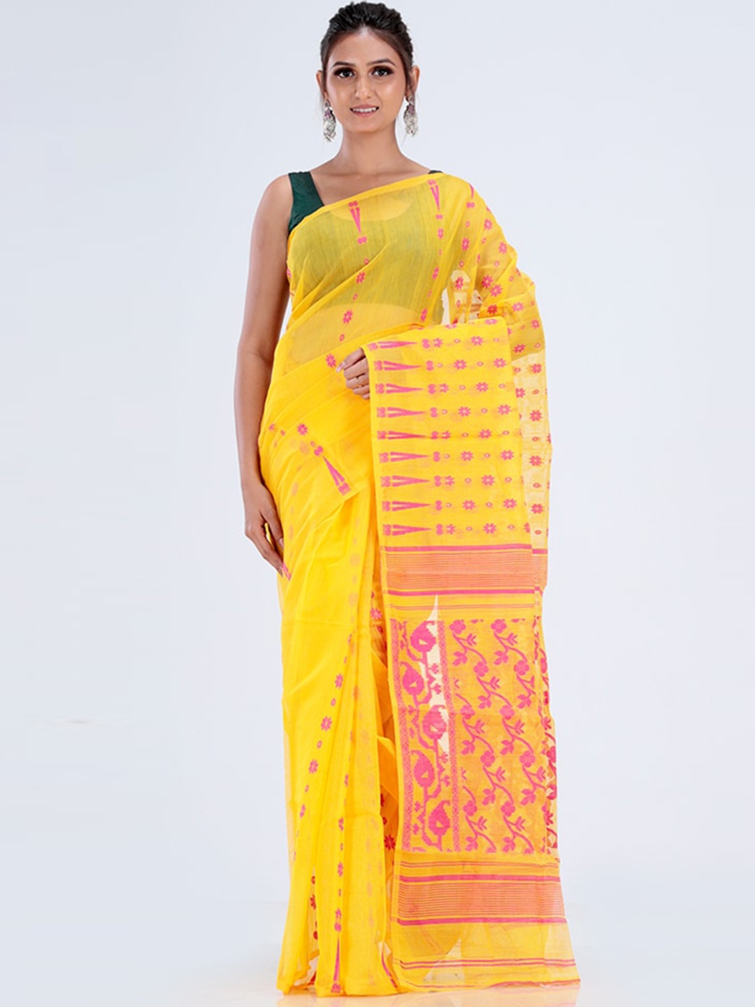 

AllSilks Yellow & Pink Ethnic Motifs Taant Saree