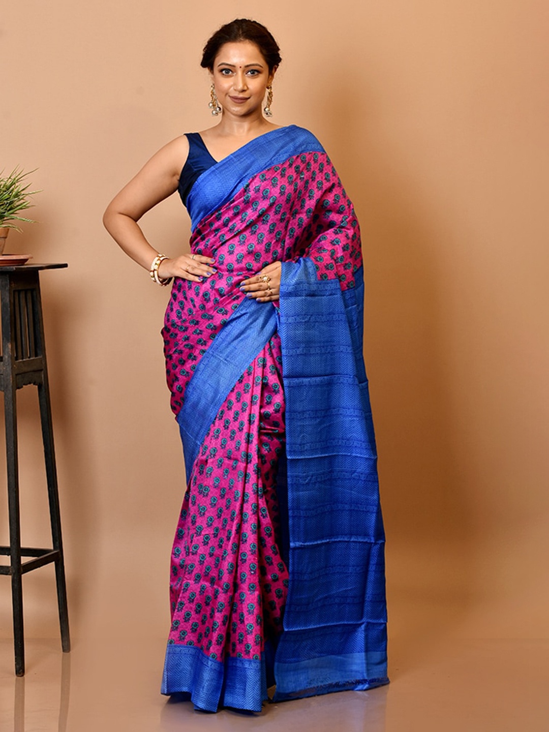 

AllSilks Pink & Blue Ethnic Motifs Pure Silk Saree