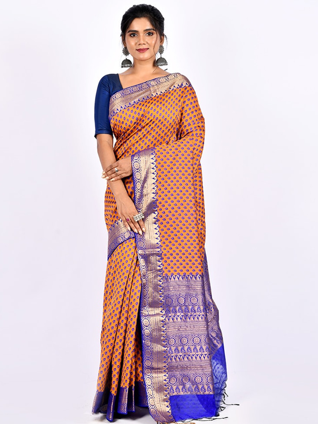 

AllSilks Peach-Coloured & Blue Floral Cotton Saree