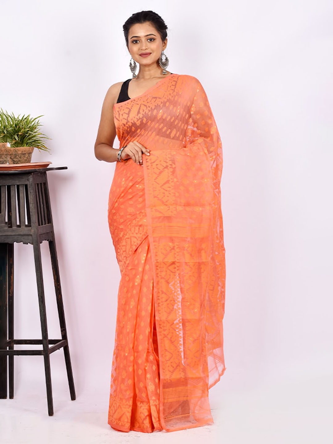 

AllSilks Orange Ethnic Motifs Jamdani Saree