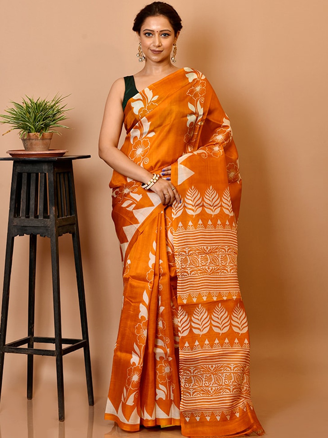 

AllSilks Orange & Off White Ethnic Motifs Pure Silk Saree