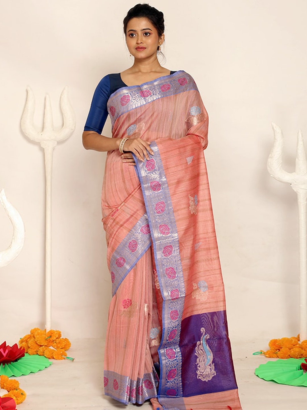 

AllSilks Peach & Purple Floral Organza Saree