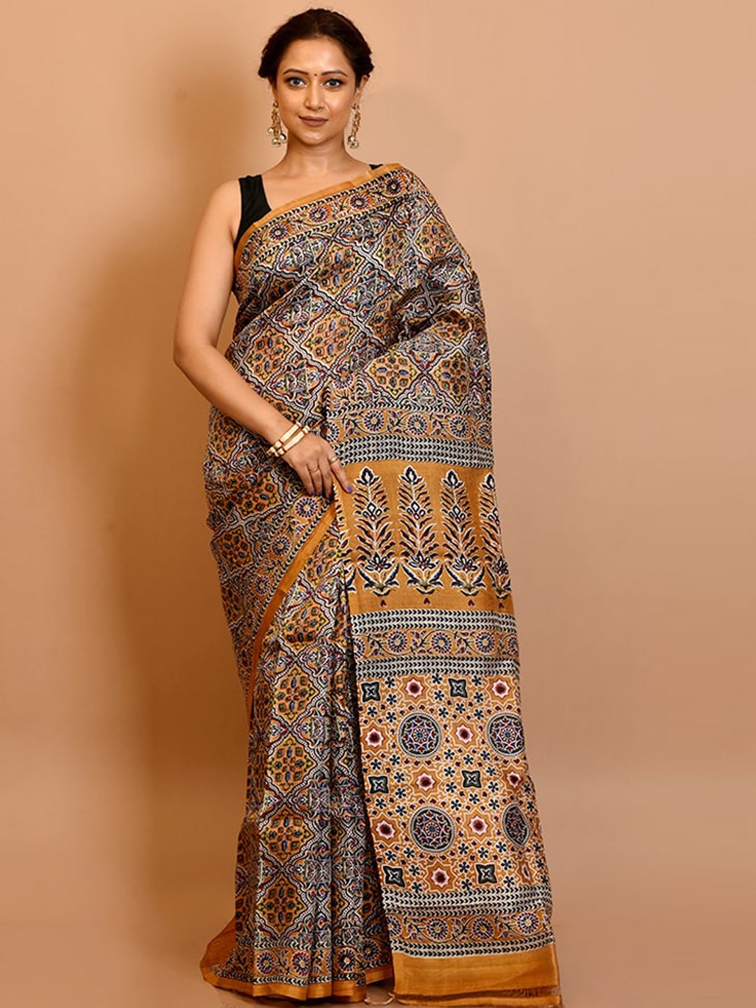 

AllSilks Mustard & Black Ethnic Motifs Pure Silk Saree