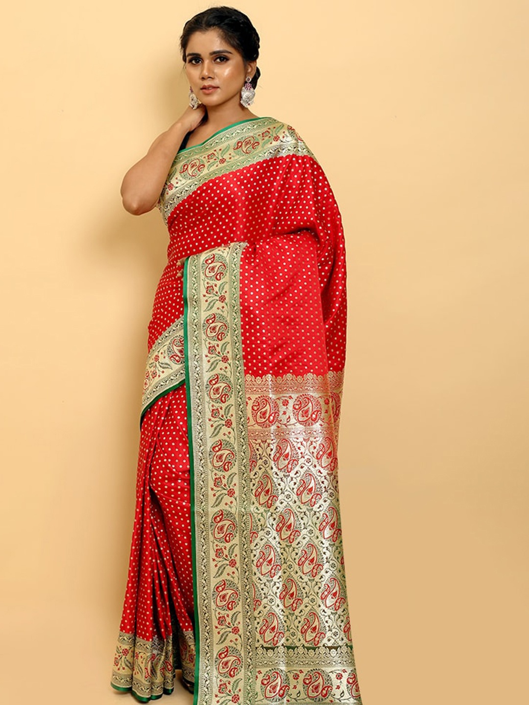 

AllSilks Red & Green Ethnic Motifs Zari Silk Blend Banarasi Saree