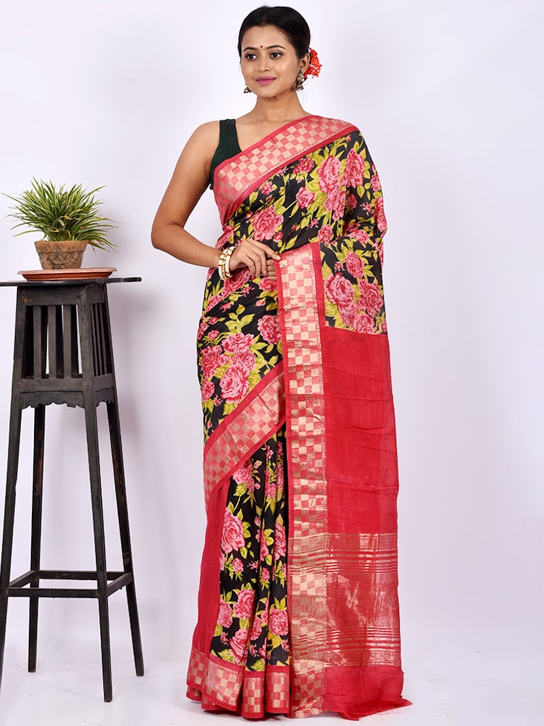 

AllSilks Black & Pink Floral Zari Silk Blend Chanderi Saree