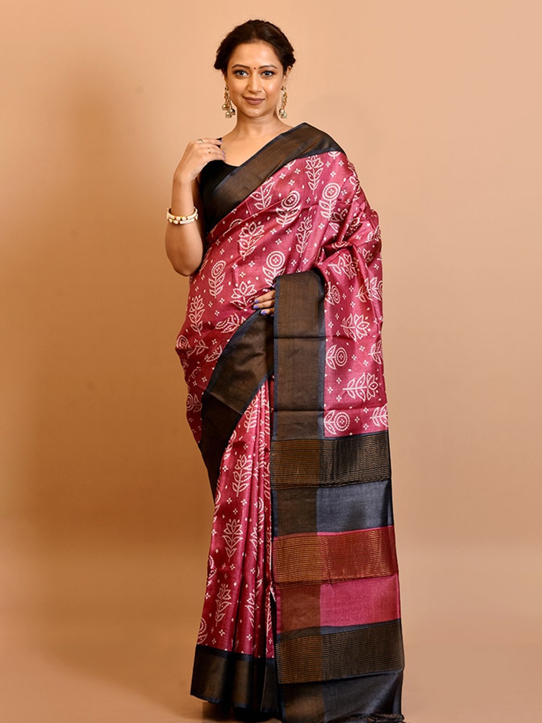 

AllSilks Pink & Black Ethnic Motifs Silk Blend Tussar Saree