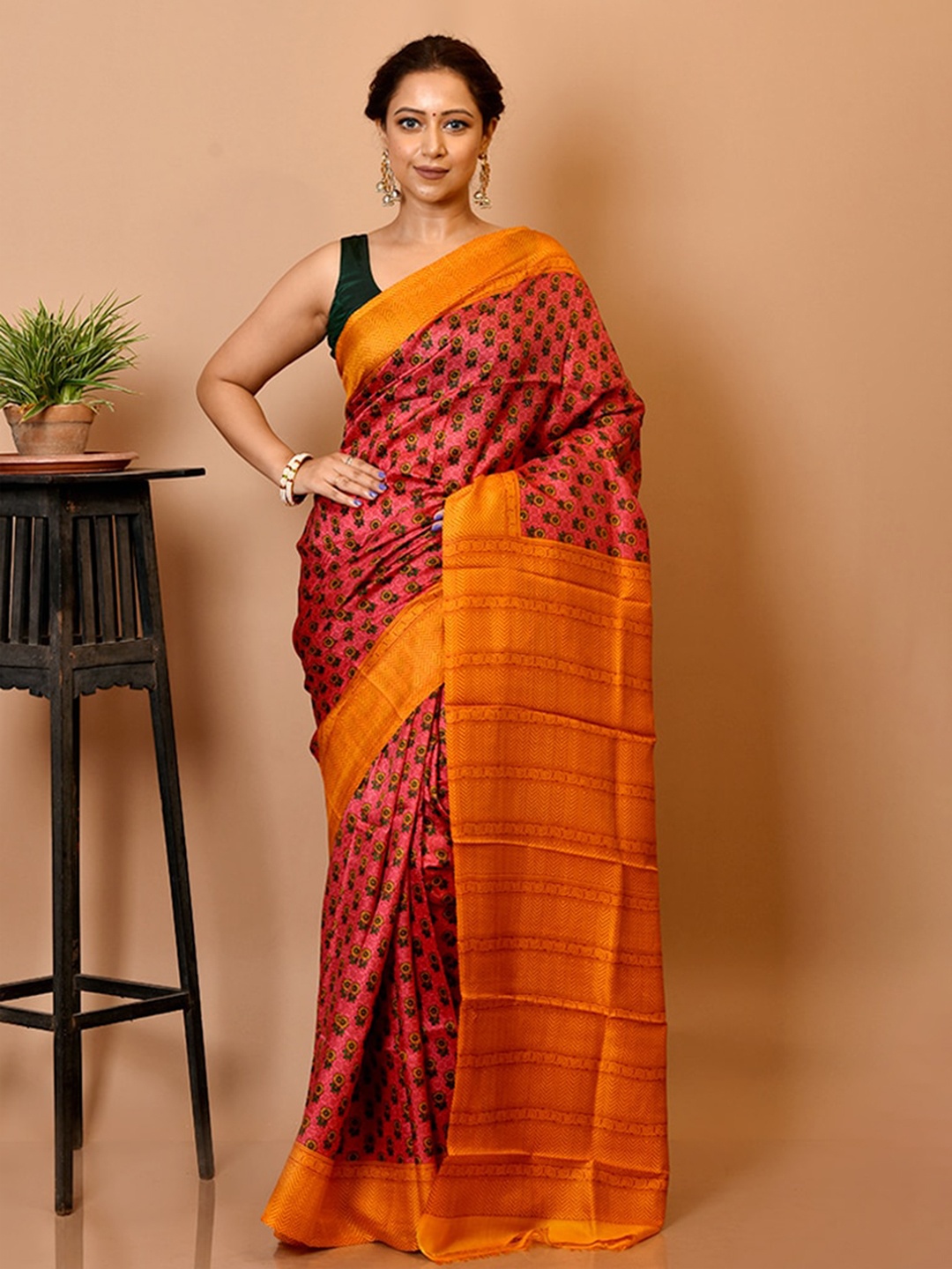 

AllSilks Maroon & Orange Floral Pure Silk Saree