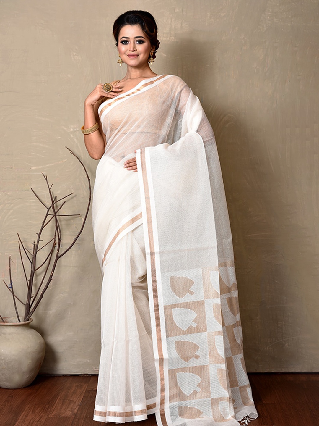 

AllSilks White & Cream-Coloured Zari Linen Blend Saree
