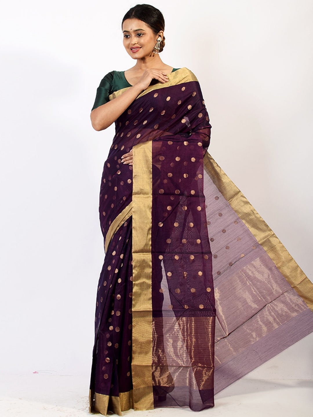 

AllSilks Purple & Gold-Toned Ethnic Motifs Zari Pure Silk Chanderi Saree