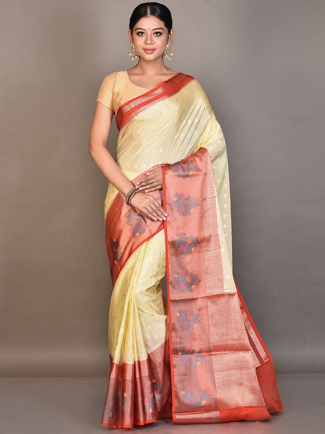 

AllSilks Cream-Coloured & Orange Floral Zari Silk Blend Saree