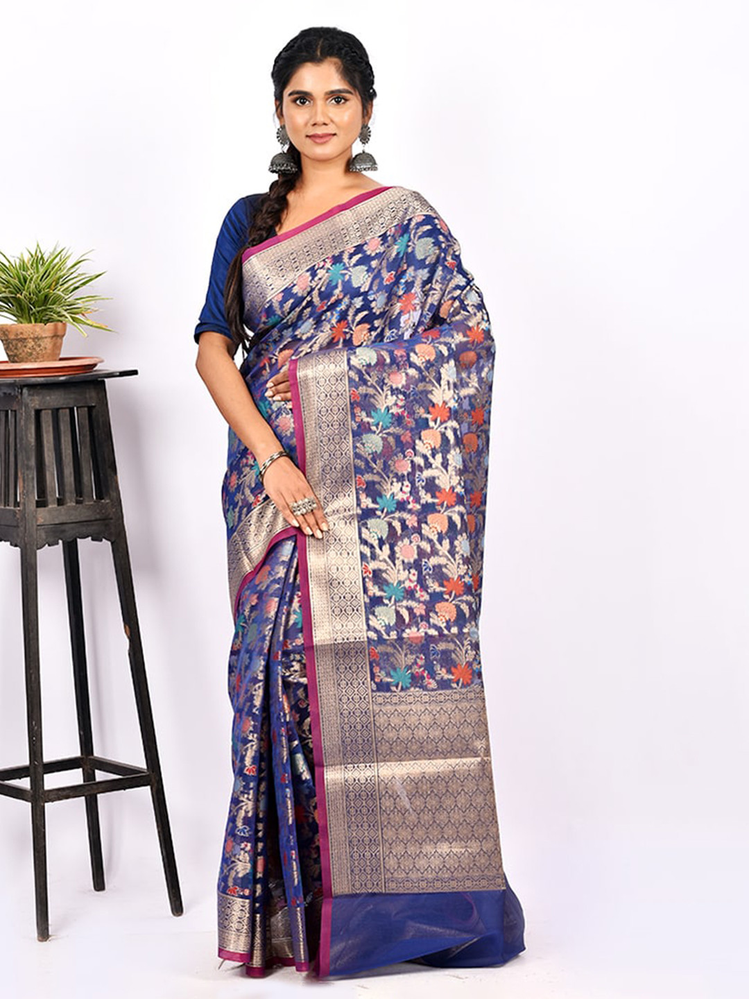 

AllSilks Navy Blue & Orange Floral Zari Silk Blend Saree