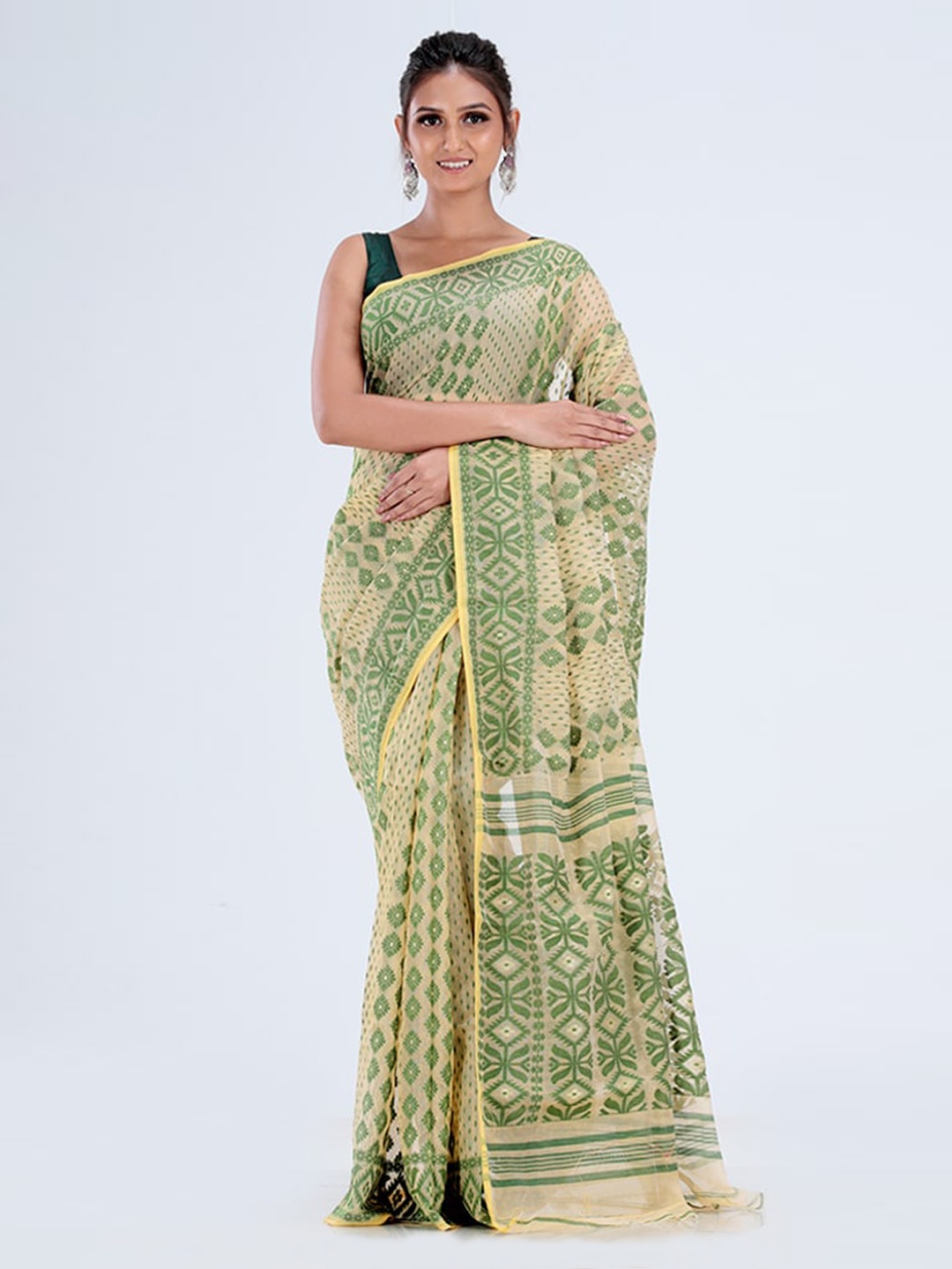 

AllSilks Cream-Coloured & Green Ethnic Motifs Taant Saree