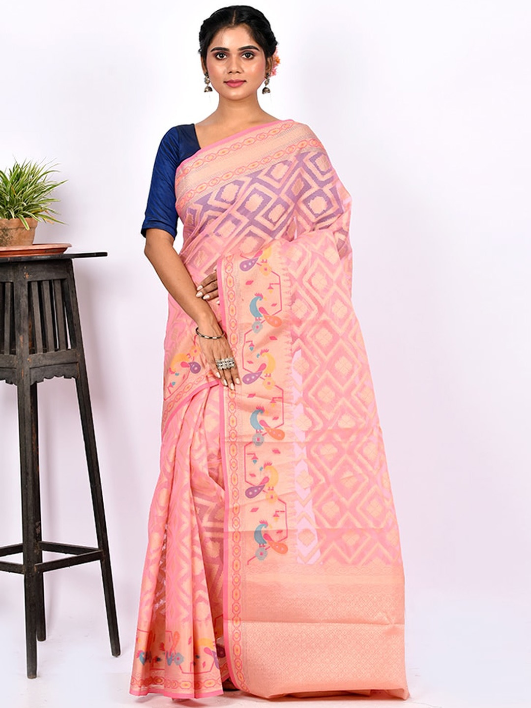 

AllSilks Pink & Blue Ethnic Motifs Zari Silk Blend Saree