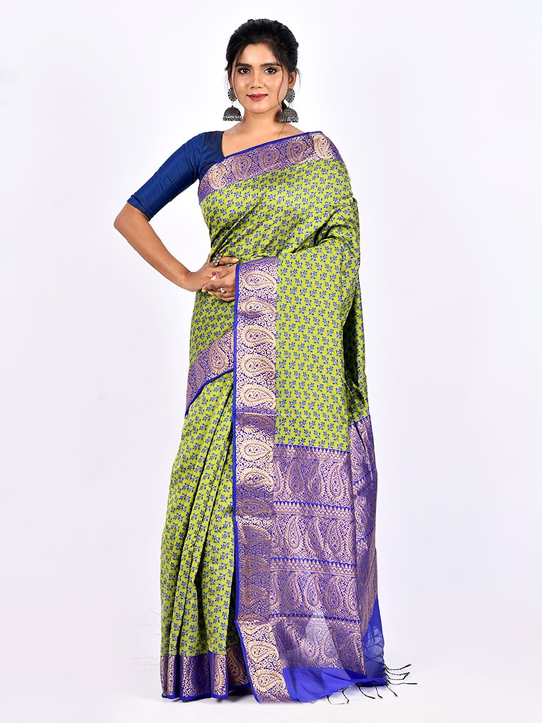 

AllSilks Green & Blue Ethnic Motifs Cotton Saree