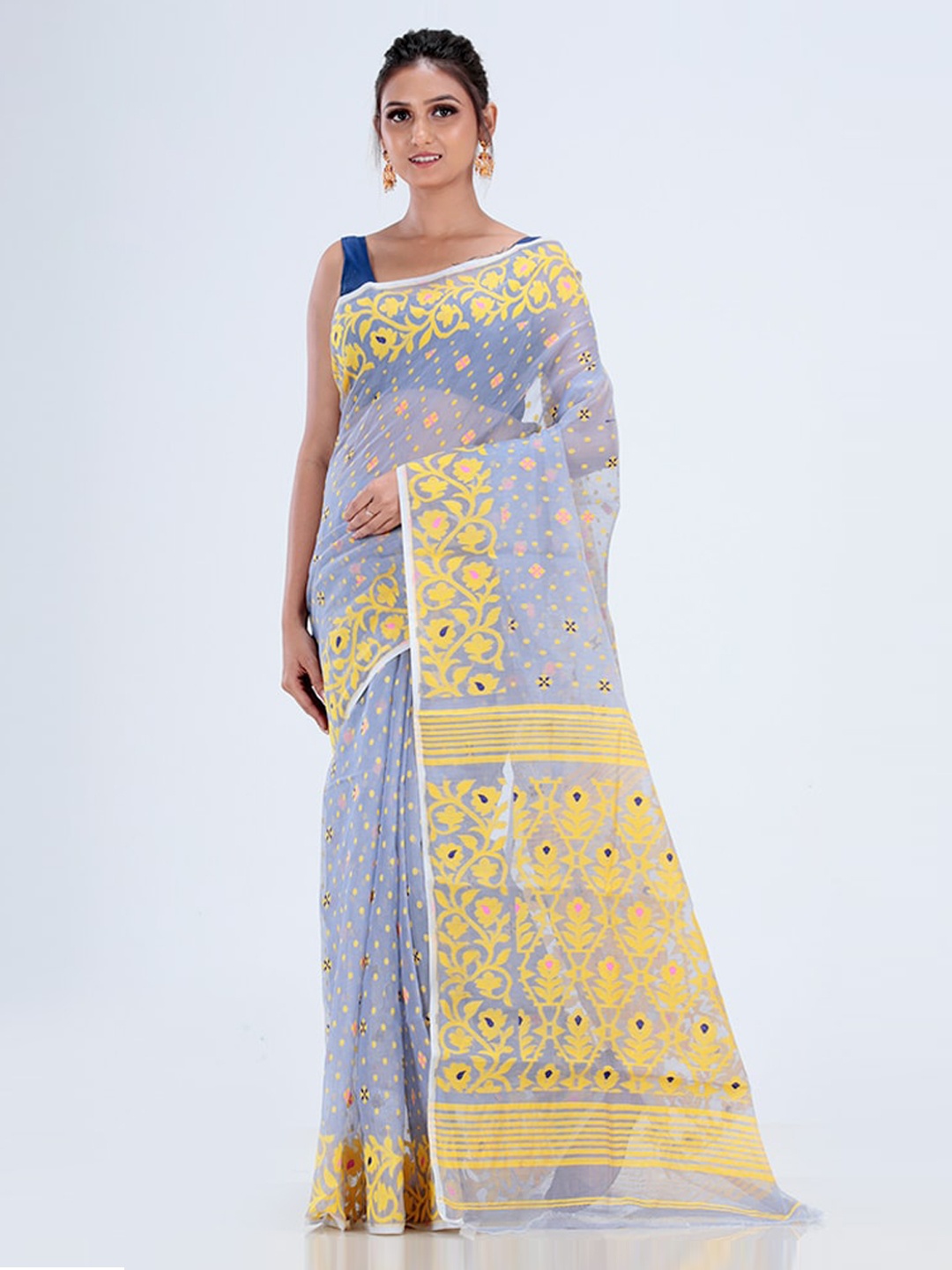 

AllSilks Grey & Yellow Floral Jamdani Saree