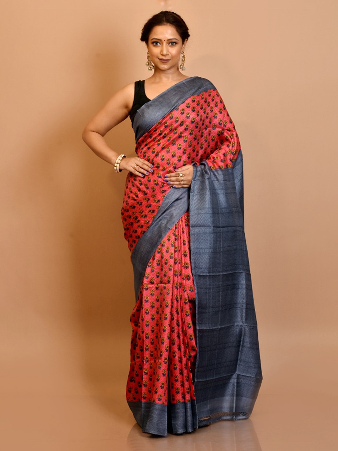 

AllSilks Coral & Blue Floral Pure Silk Saree