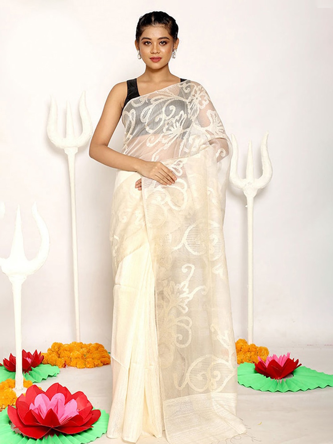 

AllSilks Off White Floral Pure Silk Saree