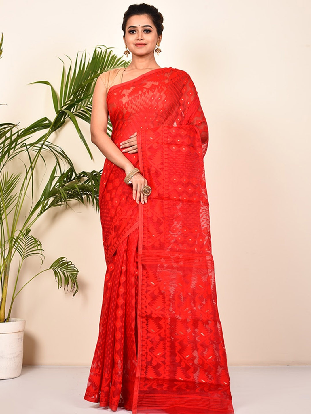 

AllSilks Red Ethnic Motifs Pure Cotton Taant Saree