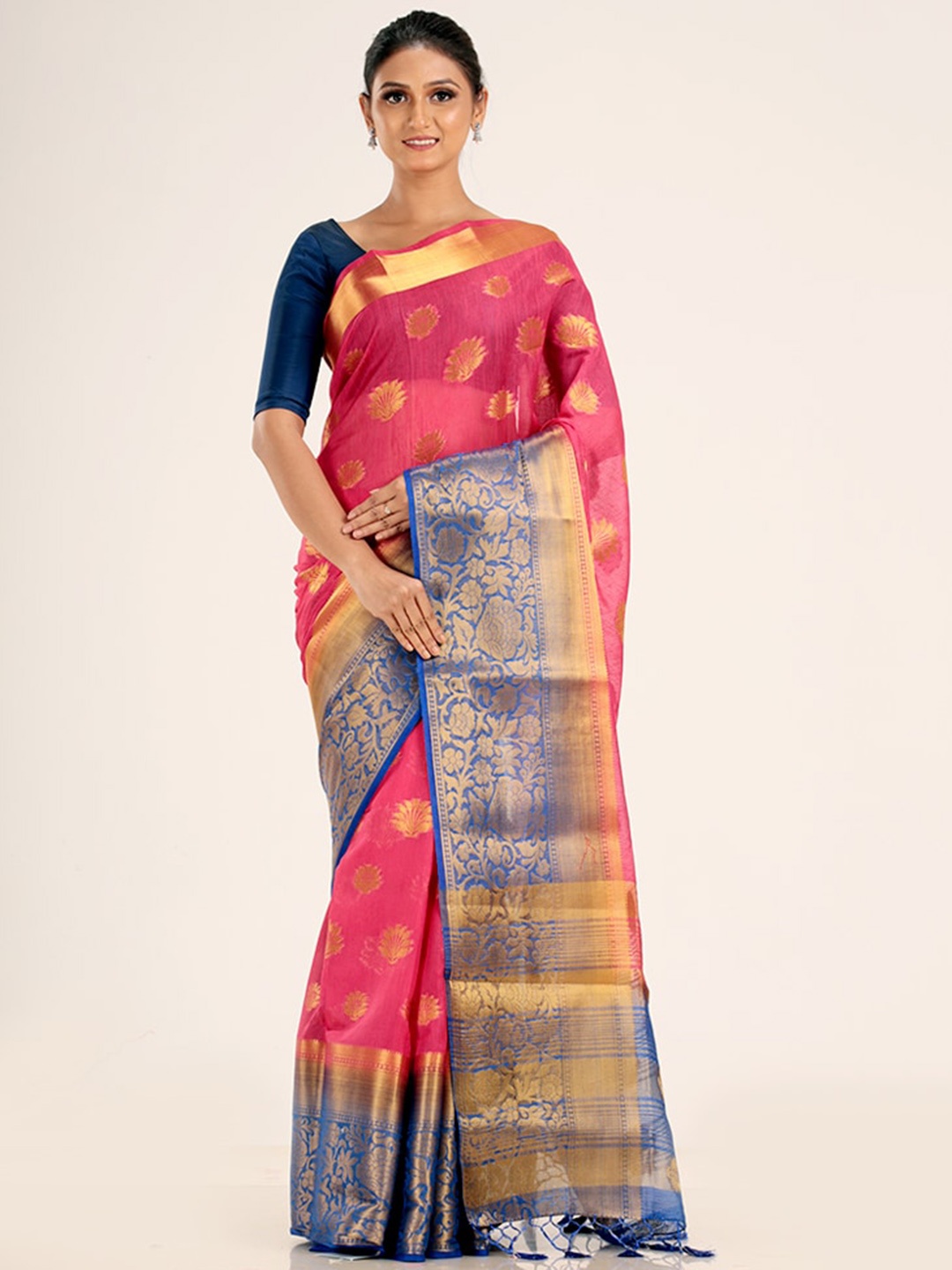 

AllSilks Pink & Blue Ethnic Motifs Zari Dupion Silk Saree