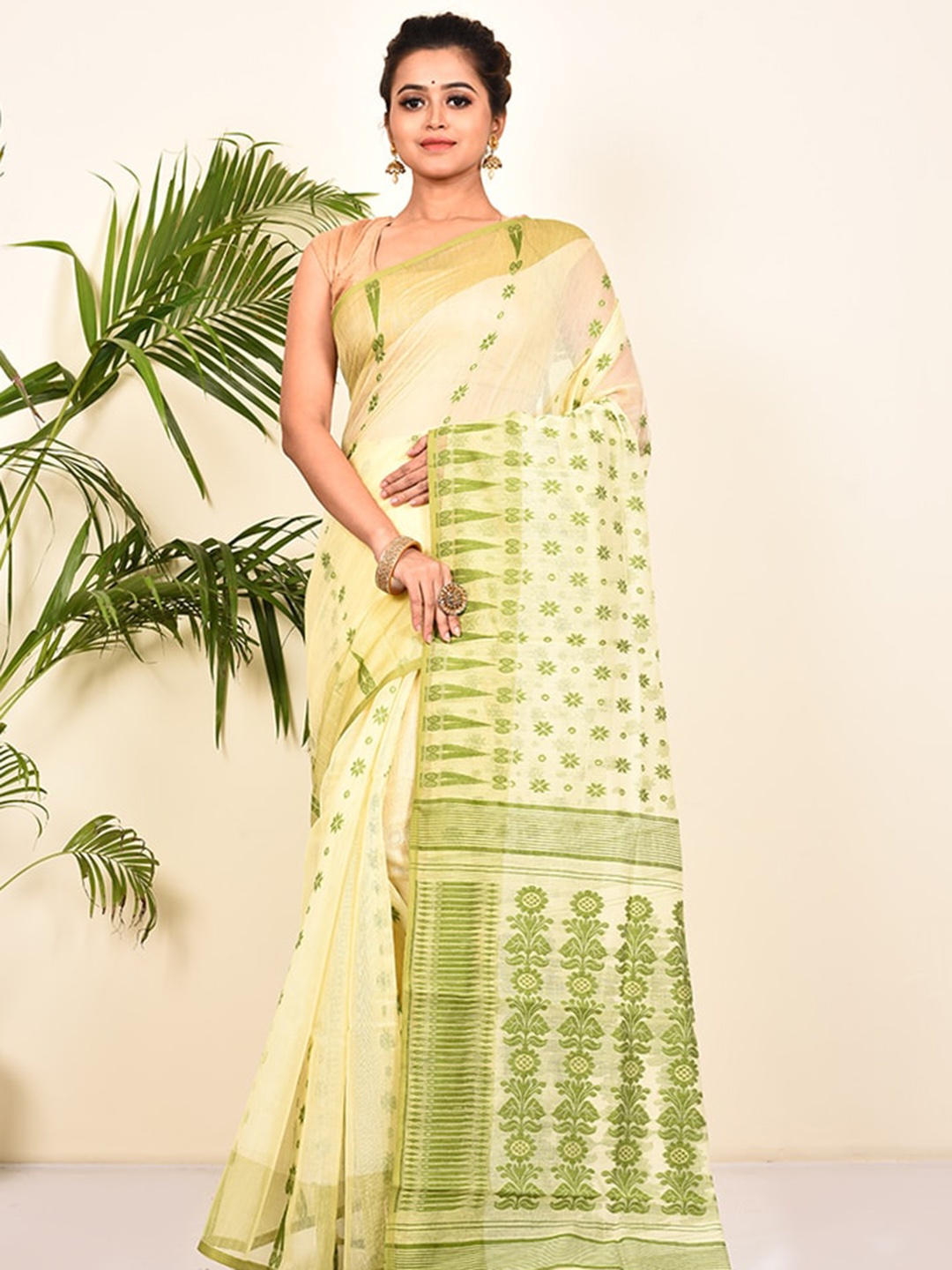 

AllSilks Green Floral Pure Cotton Taant Saree