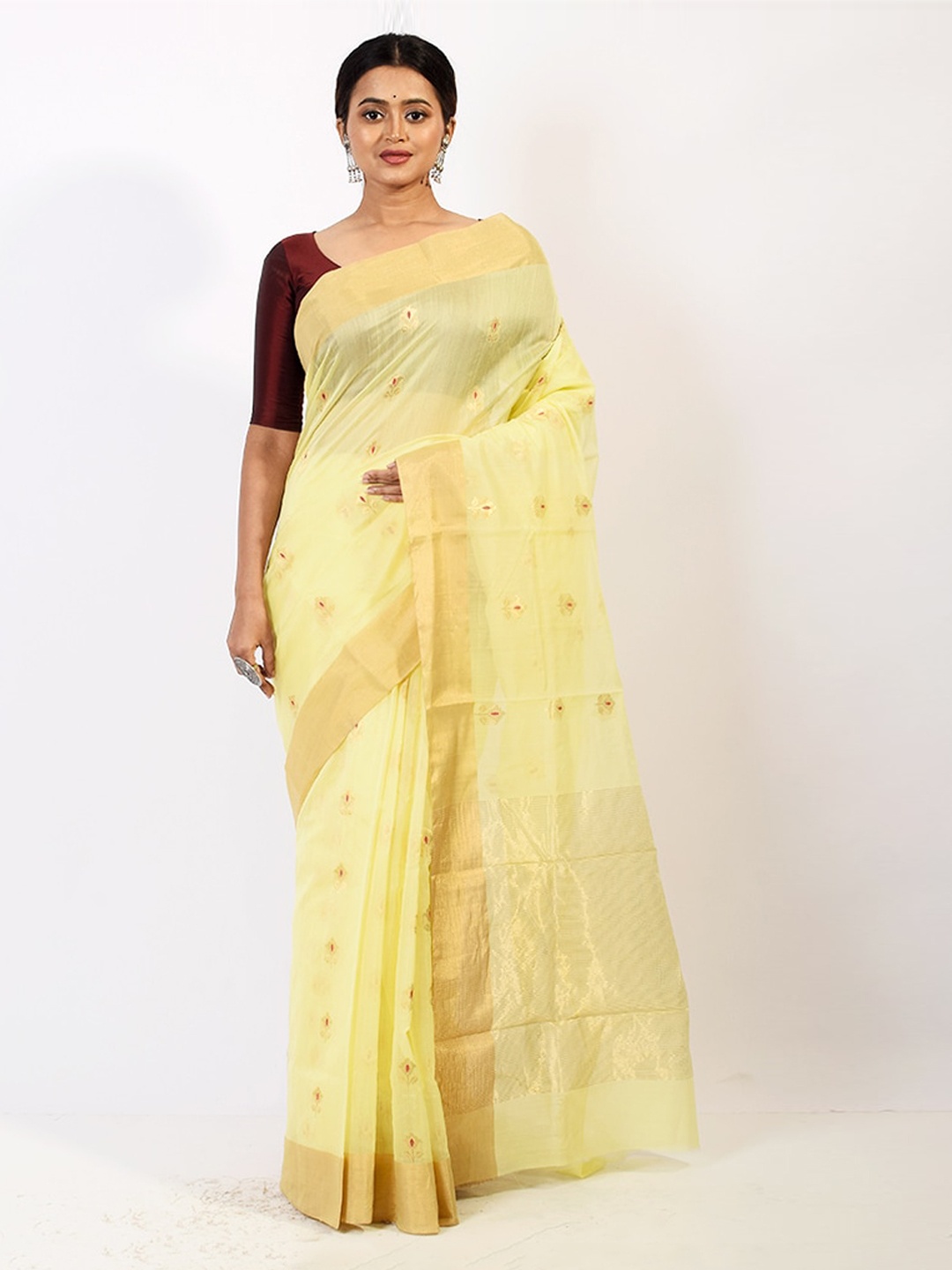 

AllSilks Yellow & Gold-Toned Ethnic Motifs Zari Pure Silk Chanderi Saree