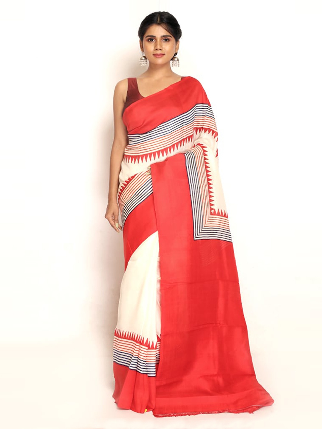 

AllSilks White & Red Printed Pure Silk Saree