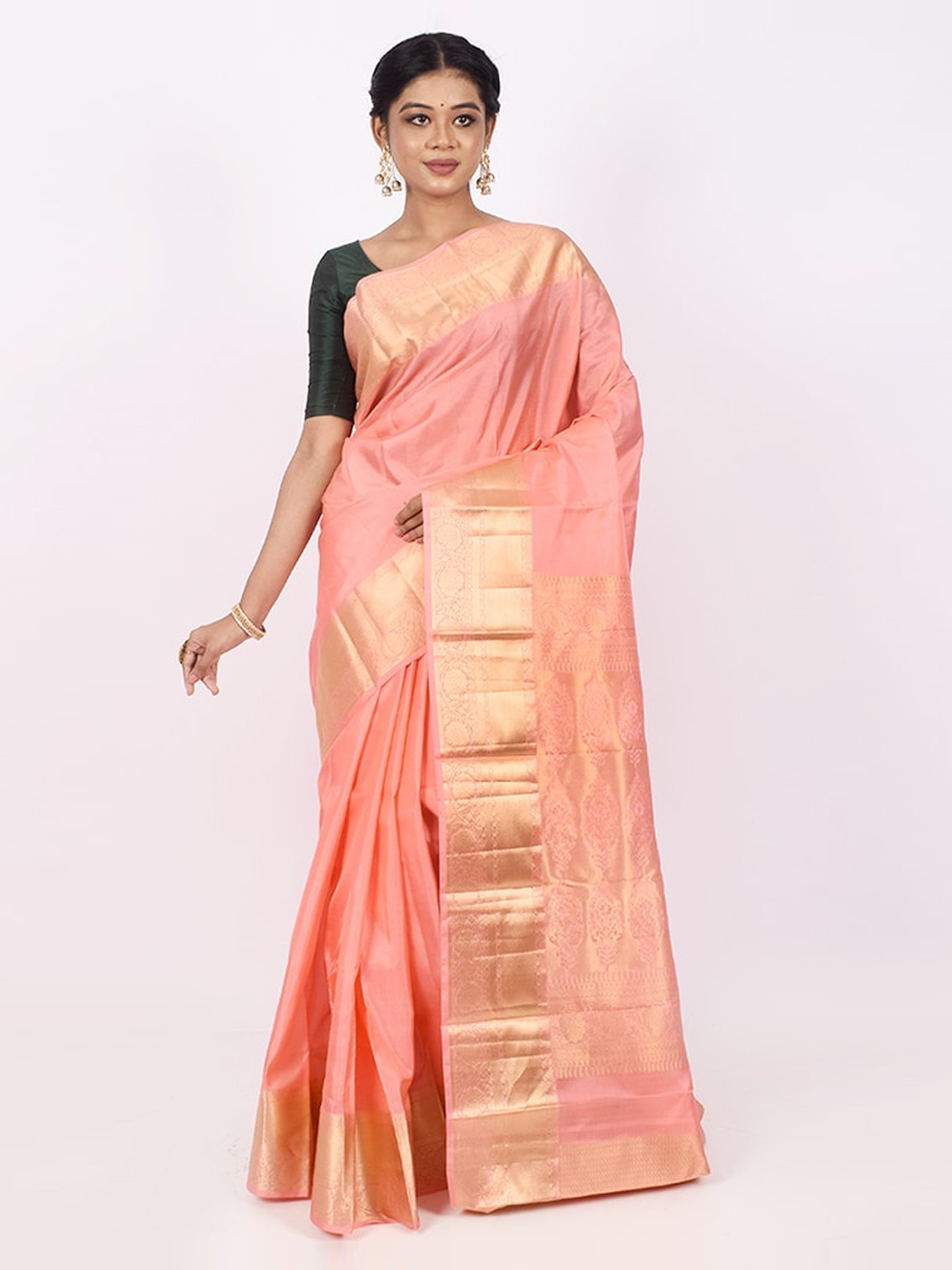 

AllSilks Pink & Gold-Toned Zari Pure Silk Kanjeevaram Saree