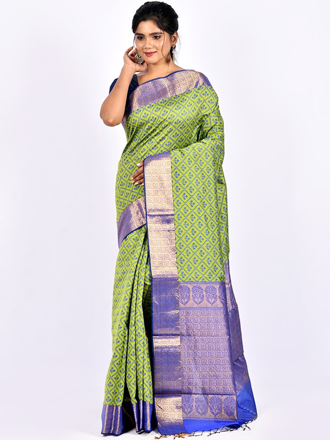 

AllSilks Green & Blue Ethnic Motifs Cotton Zari Saree