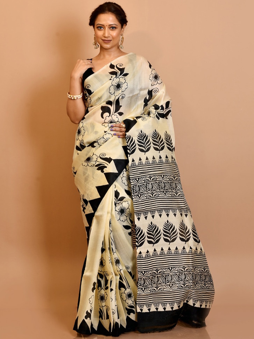 

AllSilks Cream-Coloured & Black Floral Pure Silk Saree