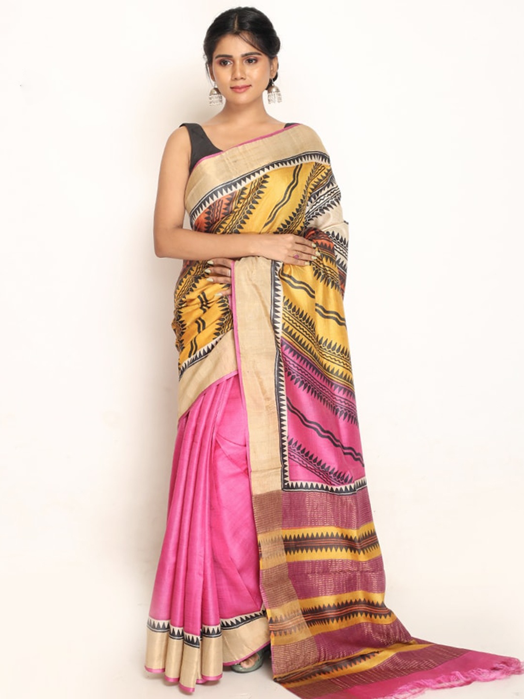 

AllSilks Yellow & Pink Silk Tussar Saree
