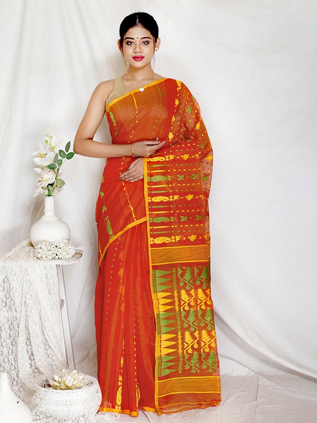 

AllSilks Red & Yellow Ethnic Motifs Cotton Taant Saree